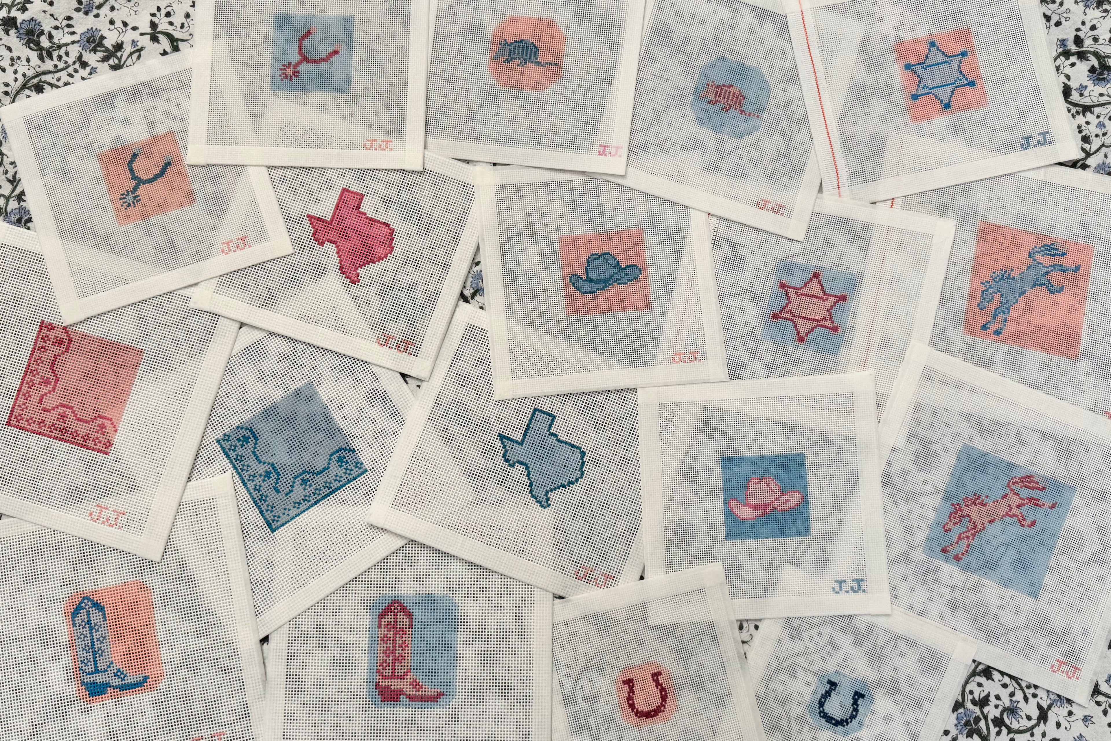 needlepoint collection of texas inspired images in pink and blue with customization